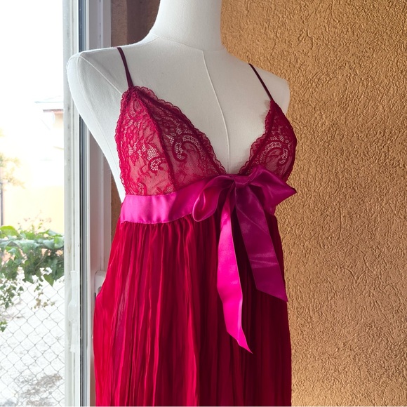 Victoria's Secret Other - ♥️✨♥️ NFS Victoria’s Secret Pink Bow Red Lace Pleated Babydoll Flyaway Lingerie